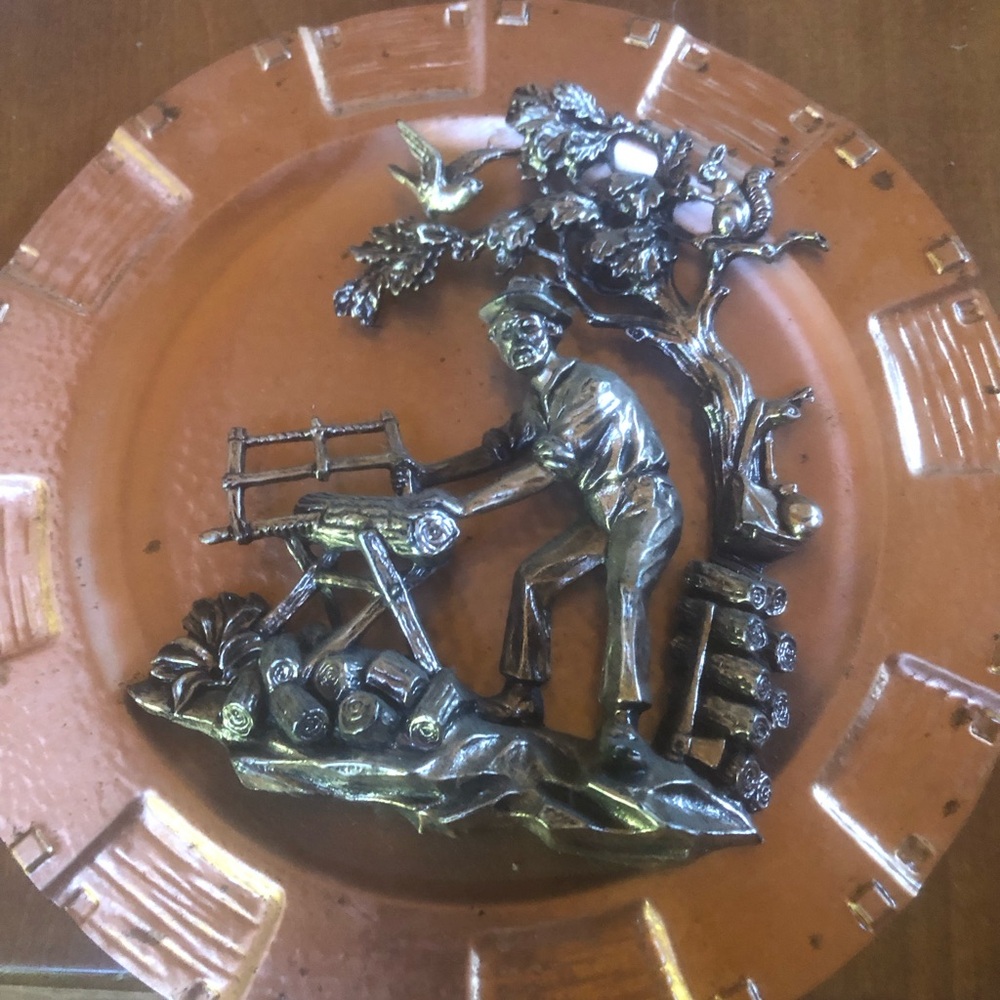 Decorative vintage Wall Plate with Bronze Worker Relief - Brown and Bronze
